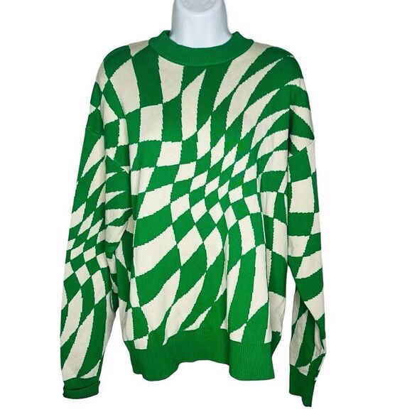 Edikted Women’s XS/S Morphy Oversized Pullover Sweater Crew Neck Green Geo Print - Picture 2 of 10
